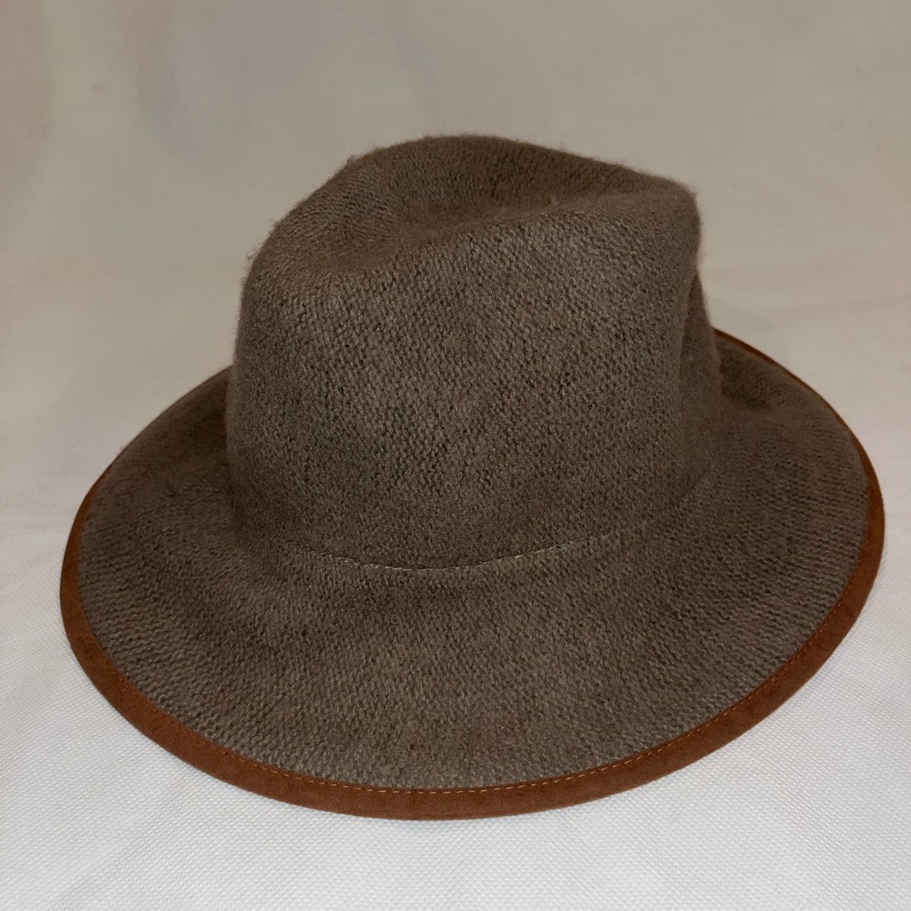 Vintage Women's Wool Blend Knitted Fedora Wide Brim Hat Tan Brown Classic